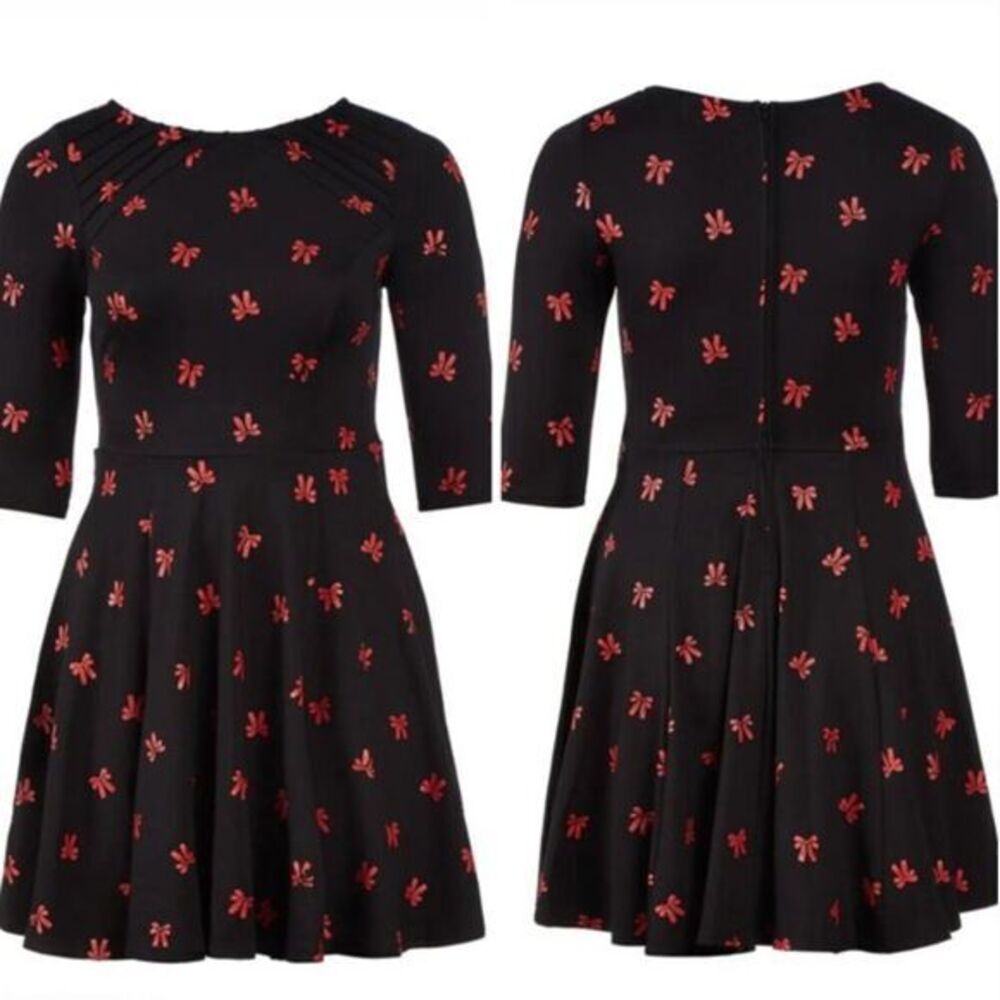 Unique Vintage Black & Red Bows Print Stephanie Fit & Flare Dress, 3X - Picture 2 of 16
